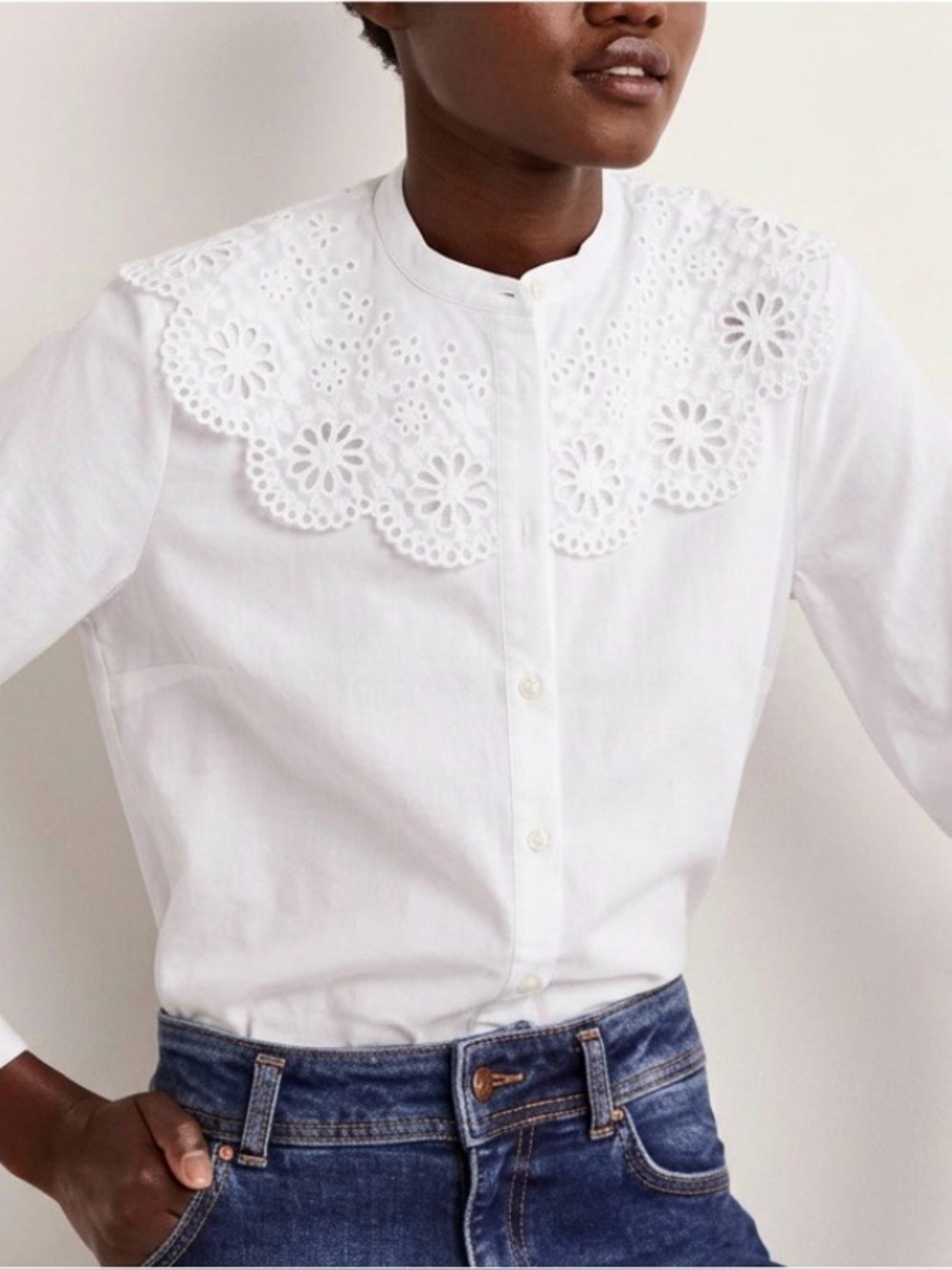 Boden White Eyelet Collar Button-Down Blouse